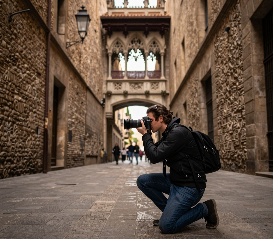 Fotógrafo profesional tomando fotos en el Barrio Gótico de Barcelona