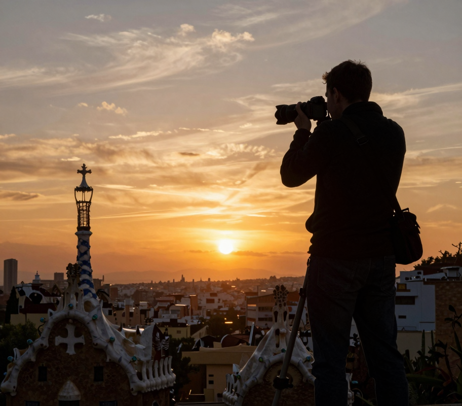 Fotógrafo capturando imágenes en el Parque Güell al atardecer